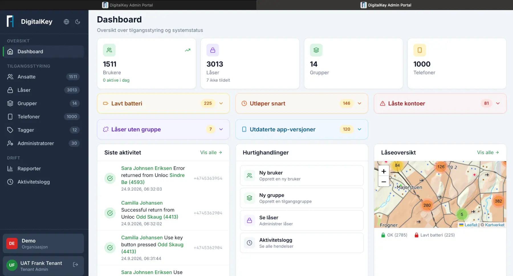 Dashboard i Aprire DigitalKey